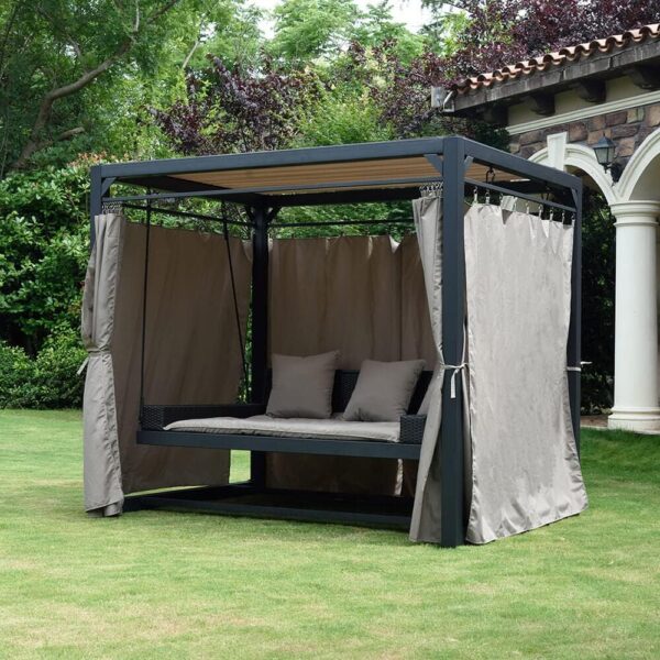 Home Deluxe Gazebo Provence Floating Rattan Bed with Closable Curtains