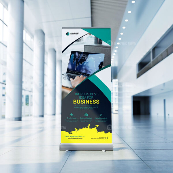 Pop Up / Roller Banner Stand Size : 31 inches / 79 inches 80/200CM with white pvc (240GSM) print. Product displays in showrooms or corporate office.